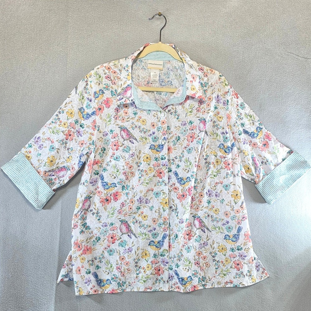 Alfred Dunner Coastal Grandmother Bird Floral Button Up Blouse Shirt 1X Garden